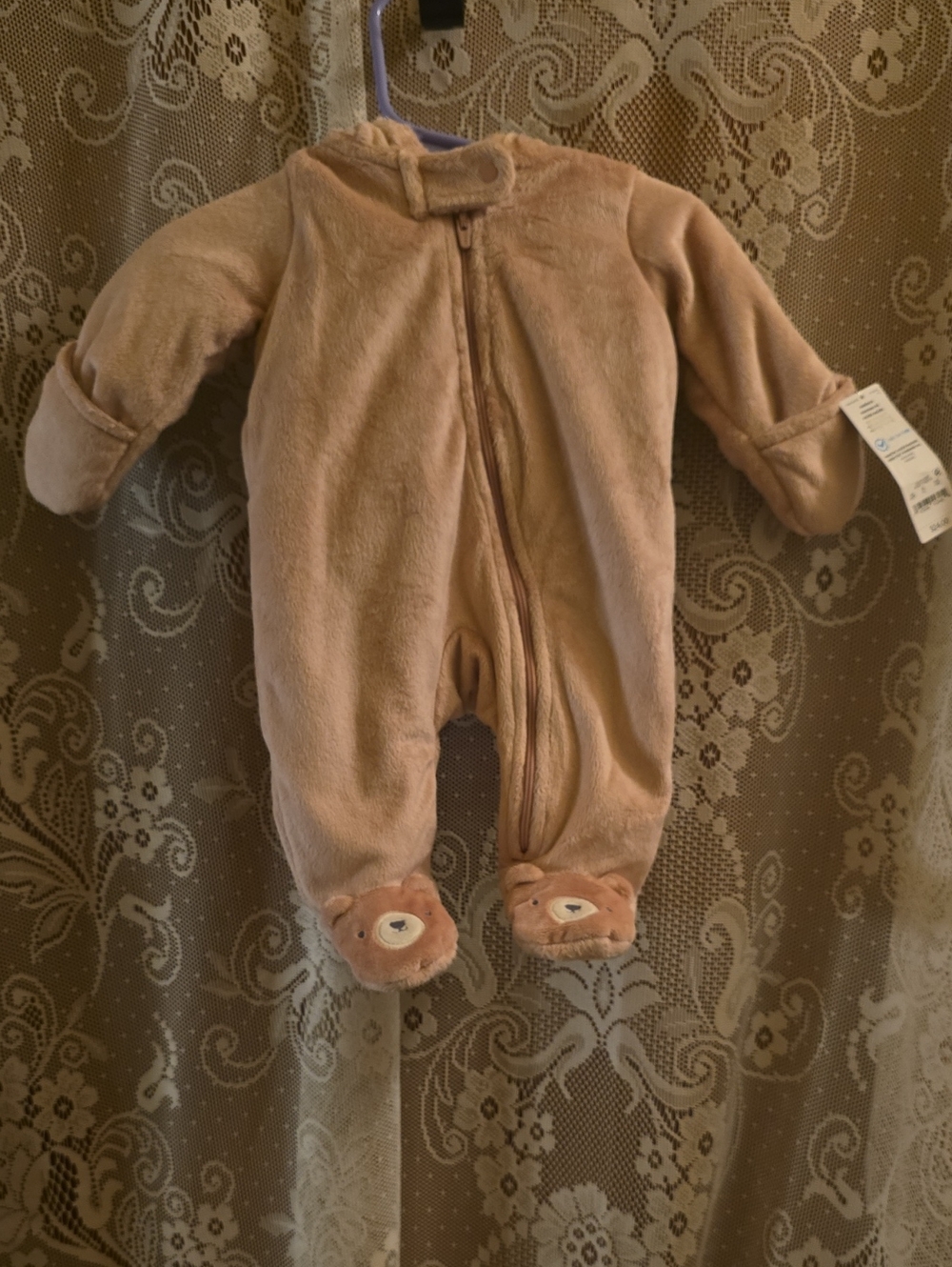 New Carter's Newborn Pink Plush Bear Footed One-Piece Hooded Snowsuit